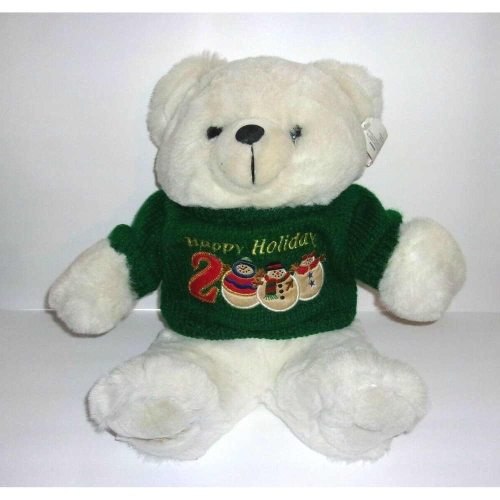 Main Joy Limited White Teddy Bear Green Sweater Happy Holiday 2000 16"